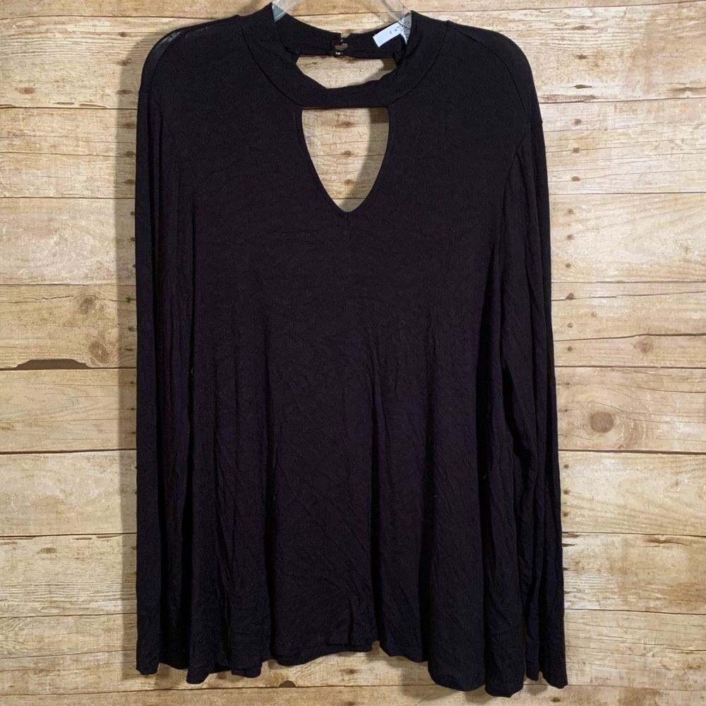 Fever Black High-Neck Keyhole Swing Long-Sleeve Rayon Top EUC Size XL